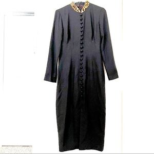 SANTA FE Vintage 80’ fur collar black maxi dress womens size 6